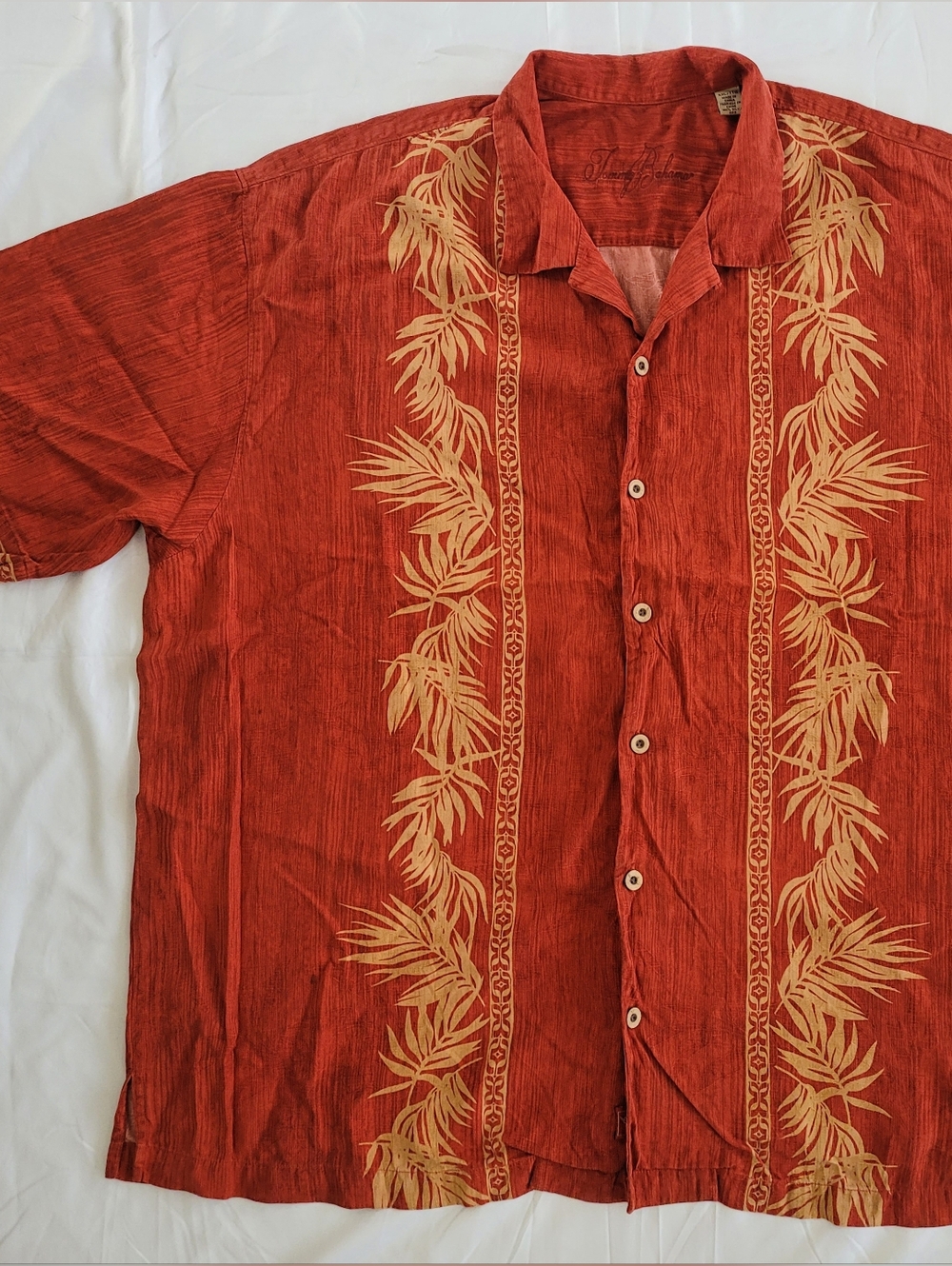 Tommy Bahama Red Hawaiian Shirt with Tan Leaf Print